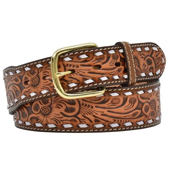 3D Men's Natural Floral Embossed Buckstitch Belt 1 3D Men's Natural Floral Embossed Buckstitch Belt