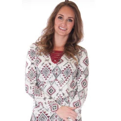 Cowgirl Tuff White And Red Aztec Long Sleeve Shirt