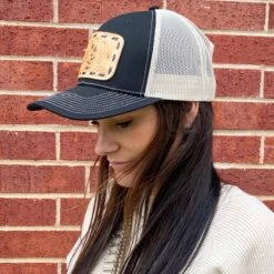 McIntire Saddlery Black & Tan Tooled Leather Patch Cap -Western cowboy IMG 5626