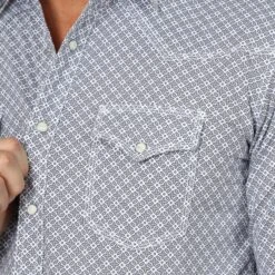 Wrangler Men's White And Grey Small Cross Long Sleeve Shirt -Western cowboy MJC235M BD01 SWBD PRD