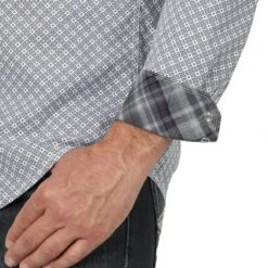 Wrangler Men's White And Grey Small Cross Long Sleeve Shirt -Western cowboy MJC235M BD02 SWBD PRD