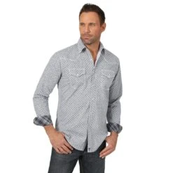 Wrangler Men's White And Grey Small Cross Long Sleeve Shirt