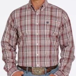 Cinch Men's Burgundy & Grey Long Sleeve Button Down Shirt