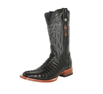 Men's Black Caiman Tail Print Square Toe Boots 1 Men's Black Caiman Tail Print Square Toe Boots