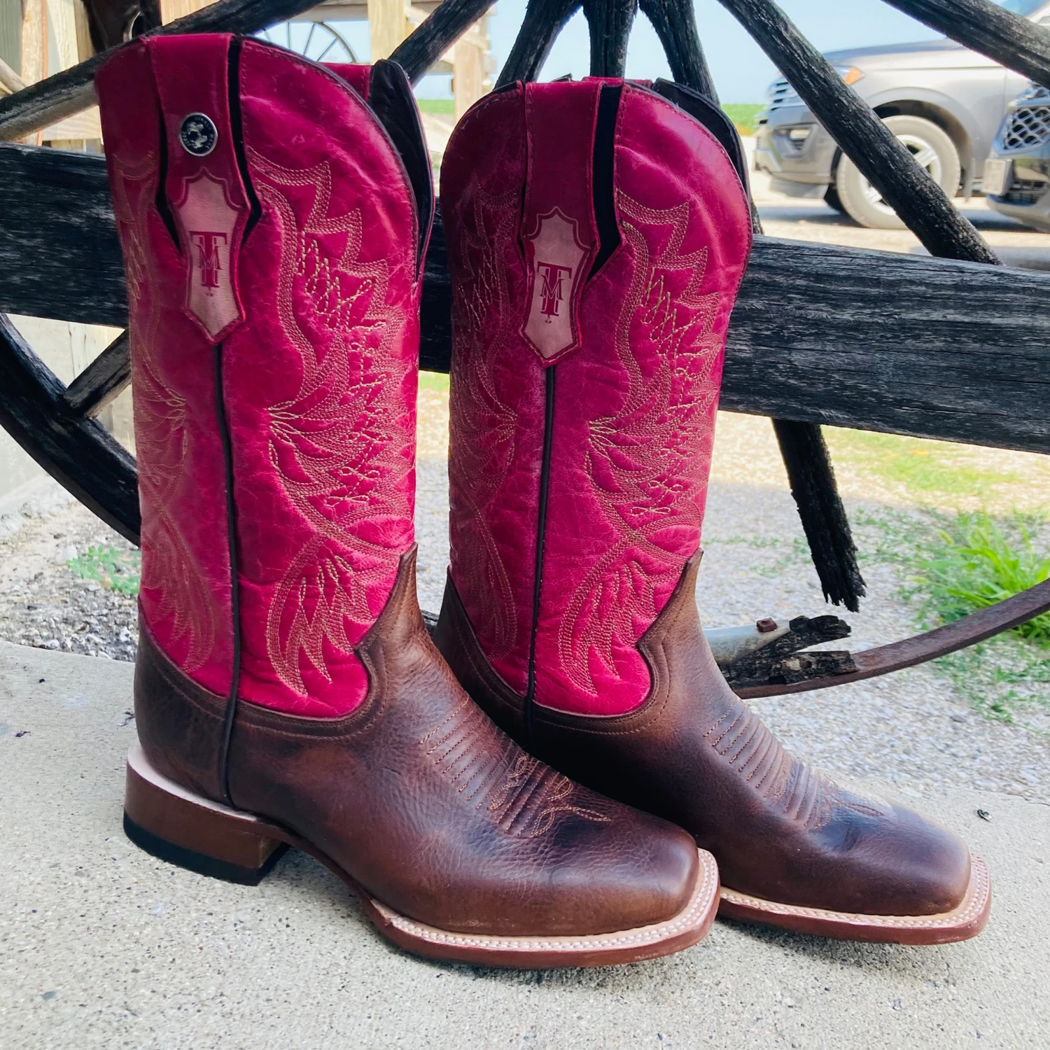 Tanner Mark Women's Chocolate Fuchsia Square Toe Boots 2 Tanner Mark Women's Chocolate Fuchsia Square Toe Boots - Image 2