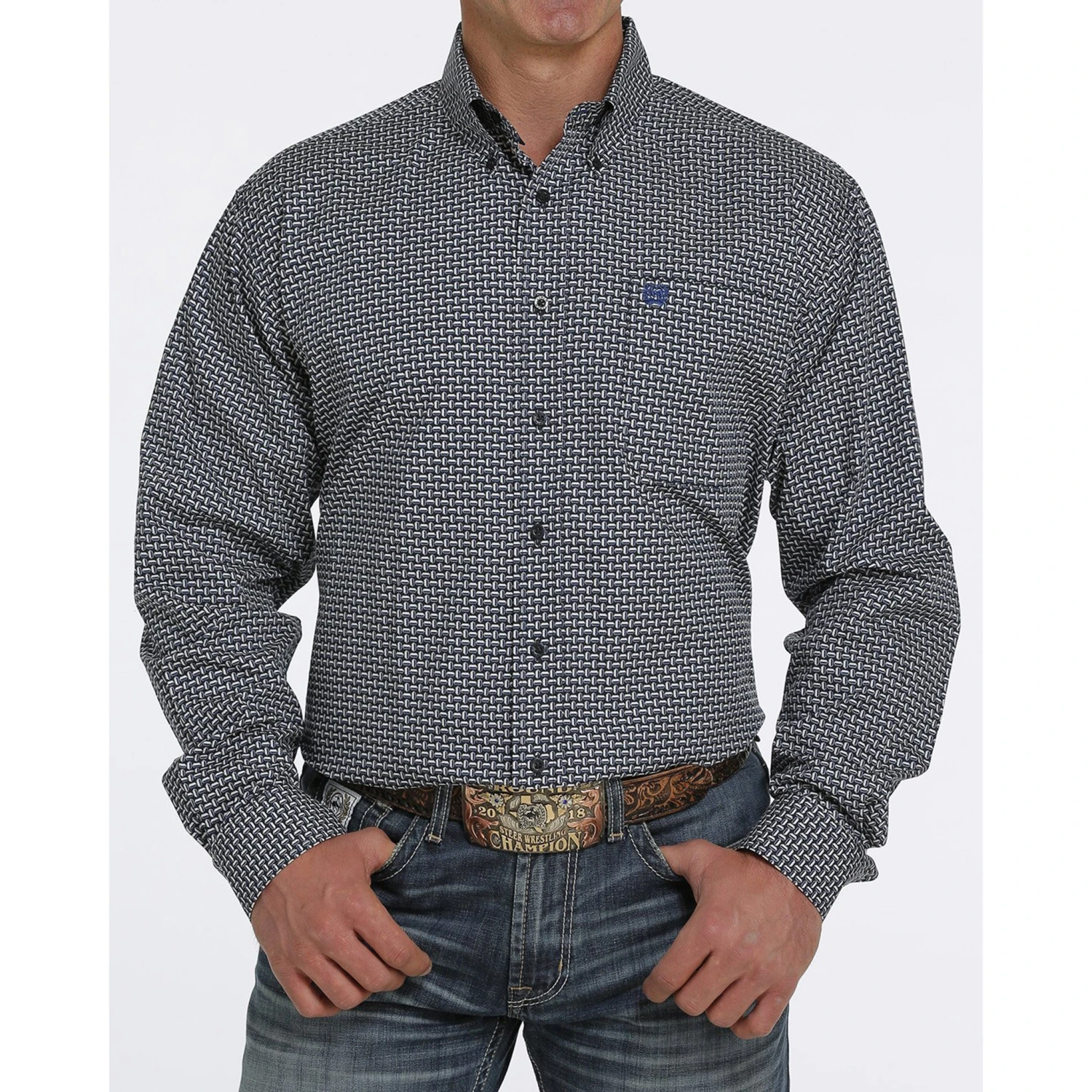 Cinch Navy & White Weave Print Long Sleeve 1 Cinch Navy & White Weave Print Long Sleeve